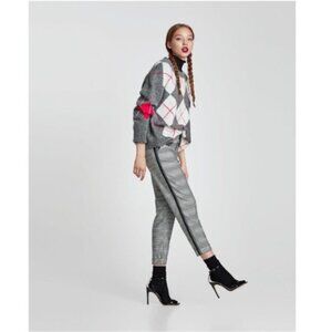 Zara Gray Glen Plaid Check Trouser Pants Side Stripe Ankle Cropped Size Small